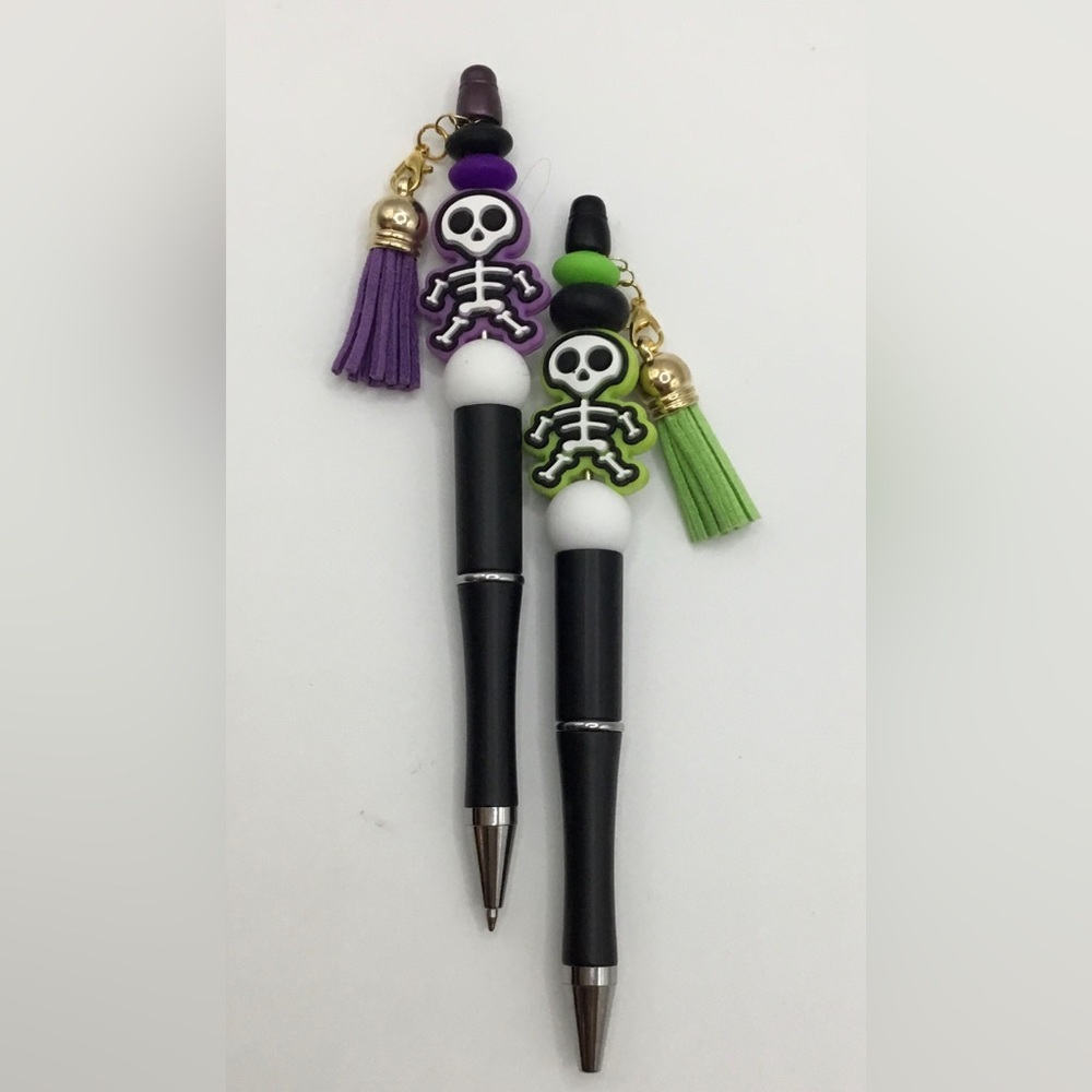 SET OF 2 HANDMADE SKELETON COLORFUL HALLOWEEN BLACK INK PENS PURPLE GREEN - Picture 2 of 2